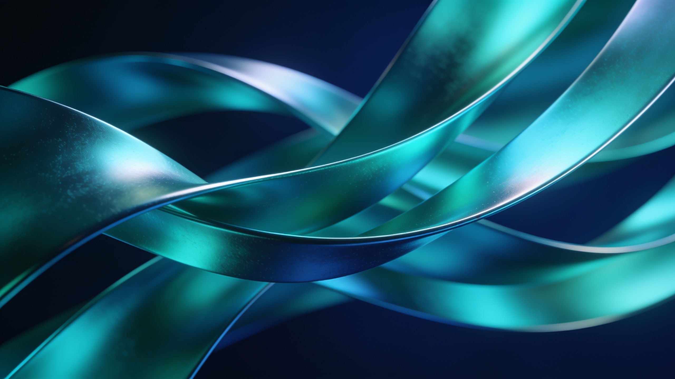 A dynamic composition of elegant, intertwining blue and green waves set against a dark background, creating a serene and fluid abstract design with a sense of depth and movement.