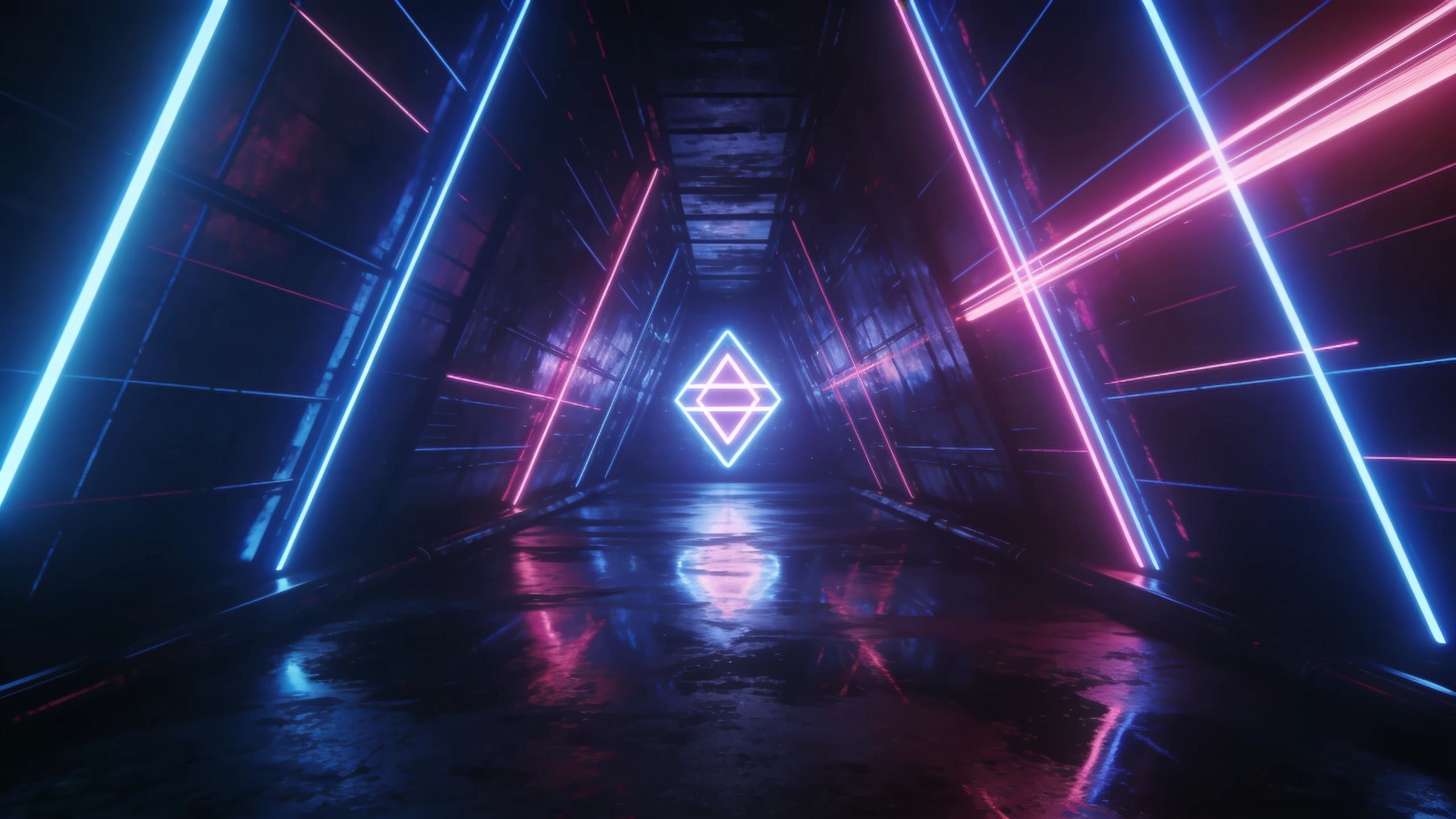 A futuristic tunnel is illuminated by vibrant neon lights in shades of blue and pink, forming geometric patterns along the walls and ceiling, creating a sleek and immersive sci-fi atmosphere. The reflective floor enhances the glowing effect, adding depth and a sense of infinite space.