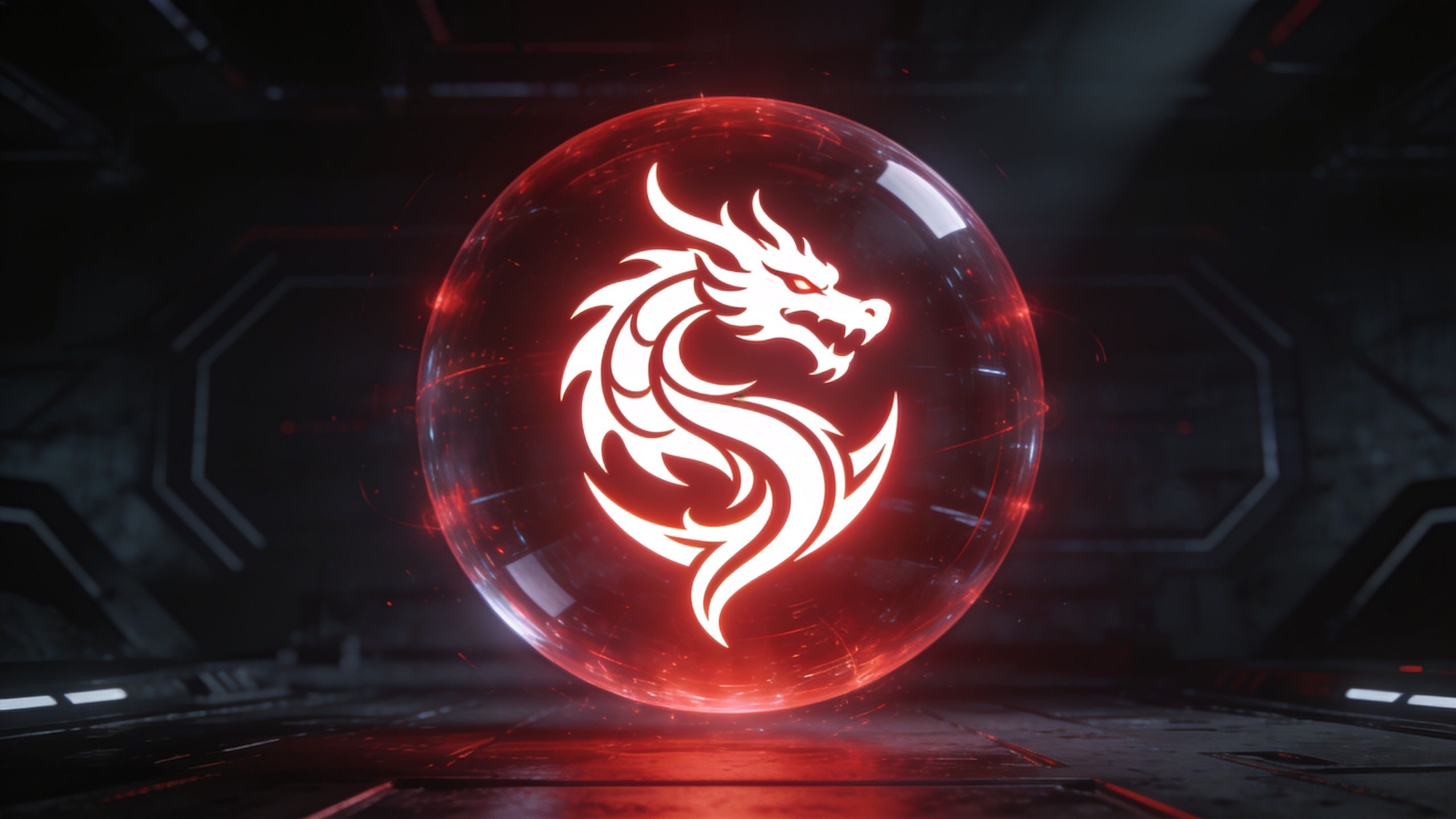 A glowing red sphere encases a stylized dragon emblem, set against a dark, futuristic background, creating a mysterious and high-tech atmosphere.