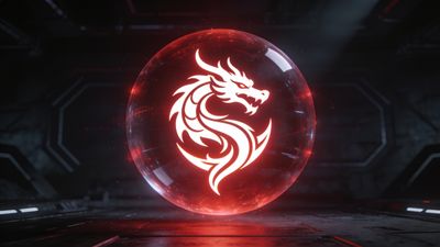 A glowing red sphere encases a stylized dragon emblem, set against a dark, futuristic background, creating a mysterious and high-tech atmosphere.
