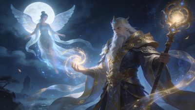 A mystical scene depicts a bearded guardian in ornate armor wielding a glowing staff, standing beneath a full moon alongside a serene, ethereal winged figure, set in a magical, starry night landscape. The mood is enchanting and otherworldly, evoking a sense of ancient magic and celestial guardianship.