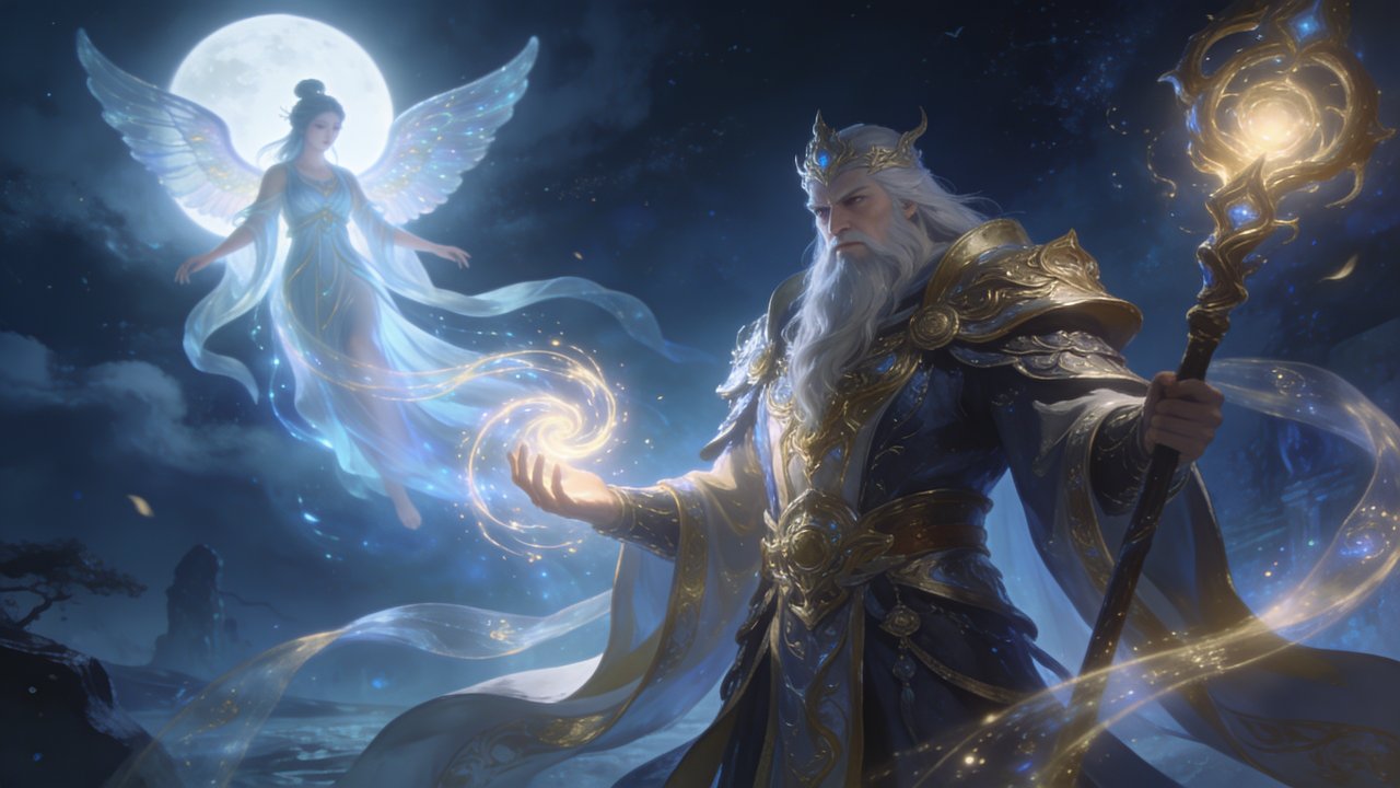 A mystical scene depicts a bearded guardian in ornate armor wielding a glowing staff, standing beneath a full moon alongside a serene, ethereal winged figure, set in a magical, starry night landscape. The mood is enchanting and otherworldly, evoking a sense of ancient magic and celestial guardianship.