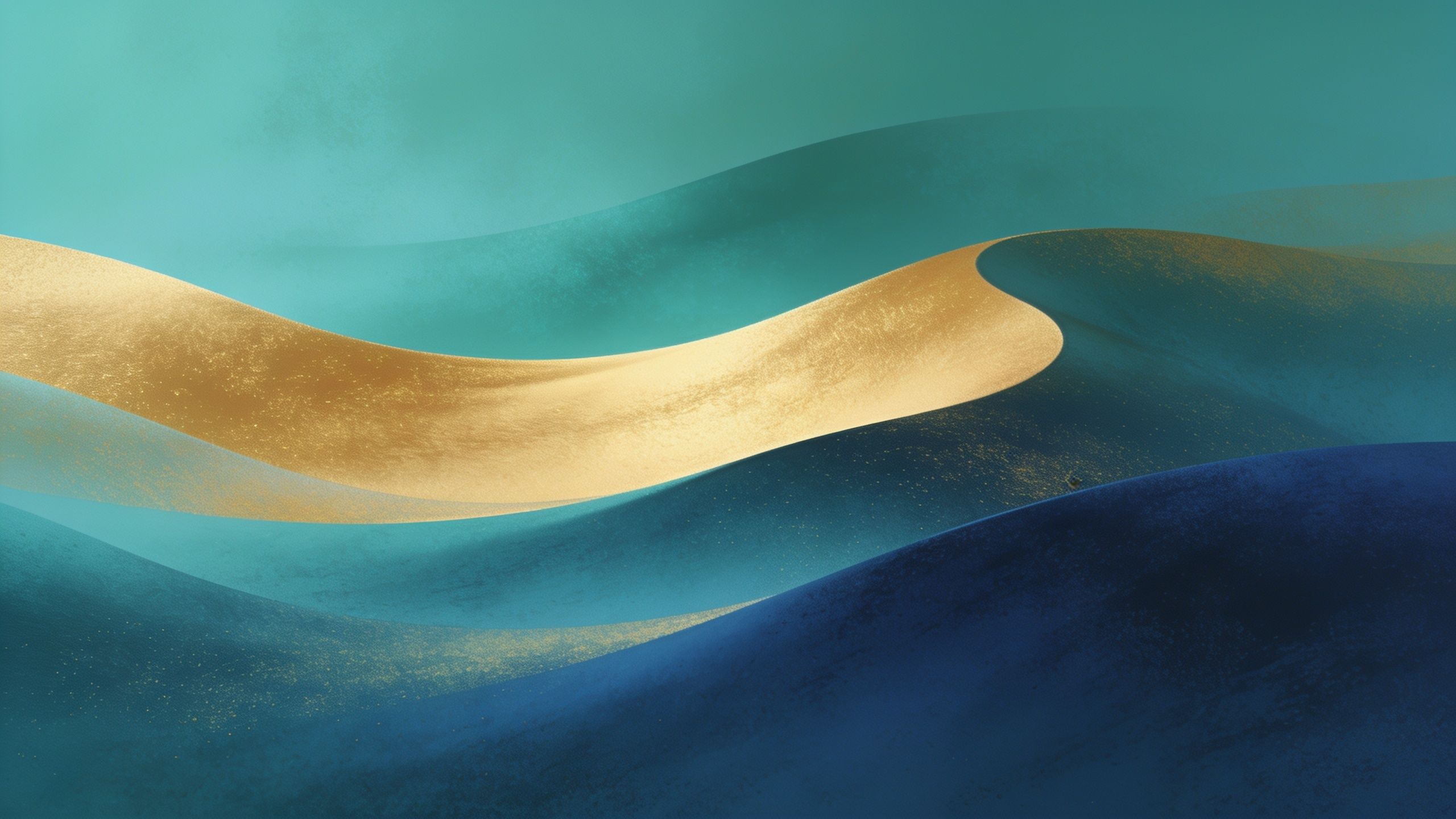 An abstract wallpaper featuring flowing waves of gold and teal, creating a serene and elegant atmosphere with a sense of fluid motion and depth.