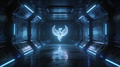 A glowing neon phoenix is depicted in a dark, metallic sci-fi corridor illuminated by blue lights, creating a futuristic and mystical atmosphere.