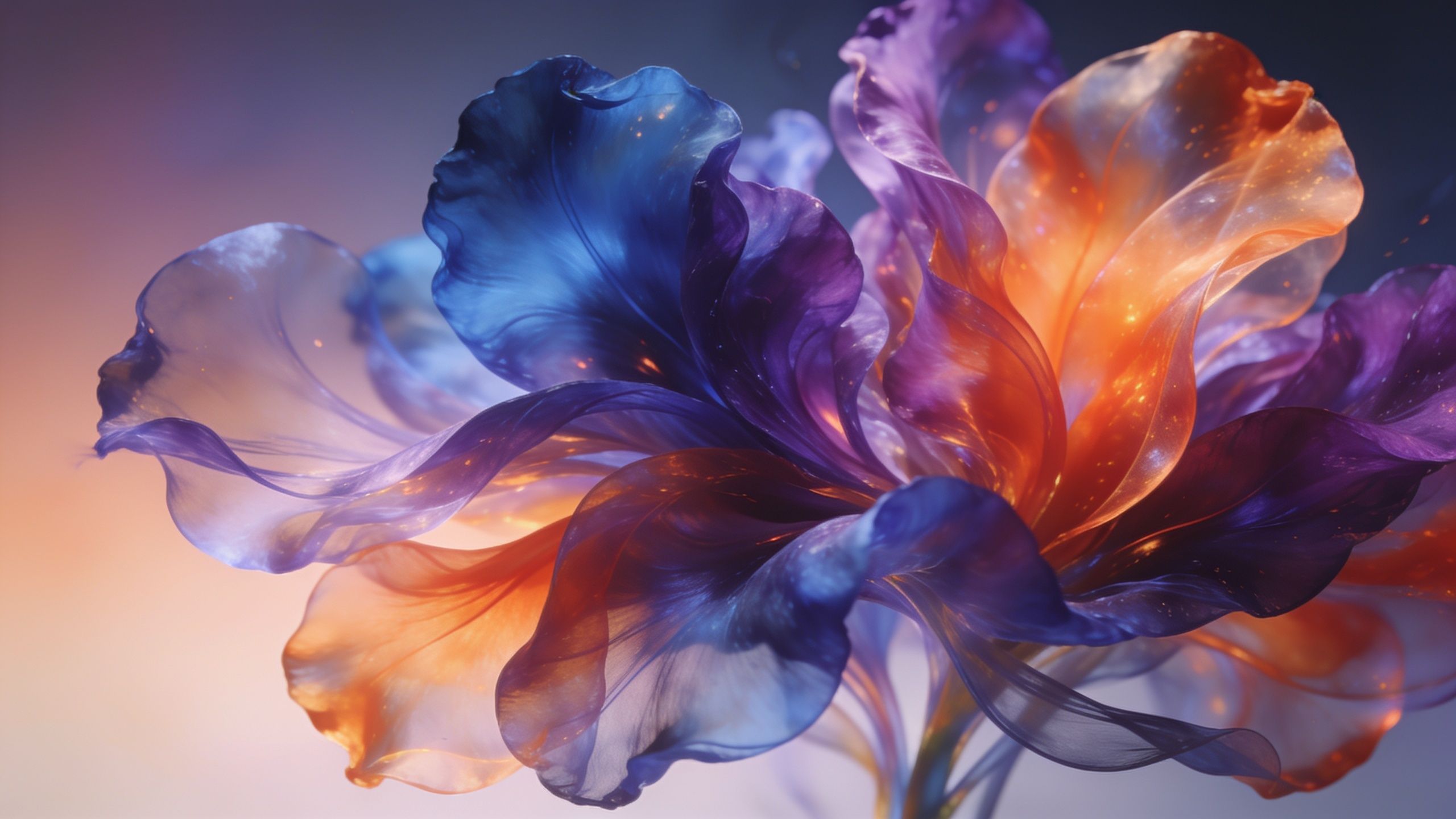 A close-up of ethereal petals in vibrant shades of blue, purple, and orange, illuminated by a dreamy glow, creating a serene and magical atmosphere. The soft, flowing shapes and gentle light evoke a sense of tranquility and wonder.
