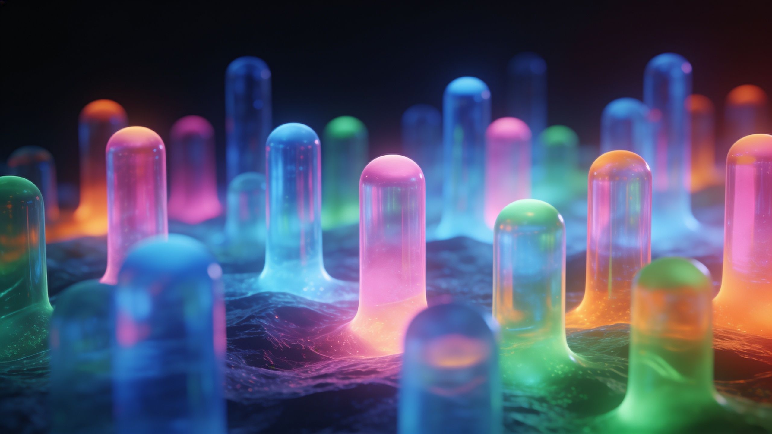 A collection of glowing, translucent pillars in vibrant neon colors like pink, blue, green, and orange rise from a dark, textured surface, creating an abstract and futuristic atmosphere. The illumination and color gradients give the scene a dynamic and ethereal mood.