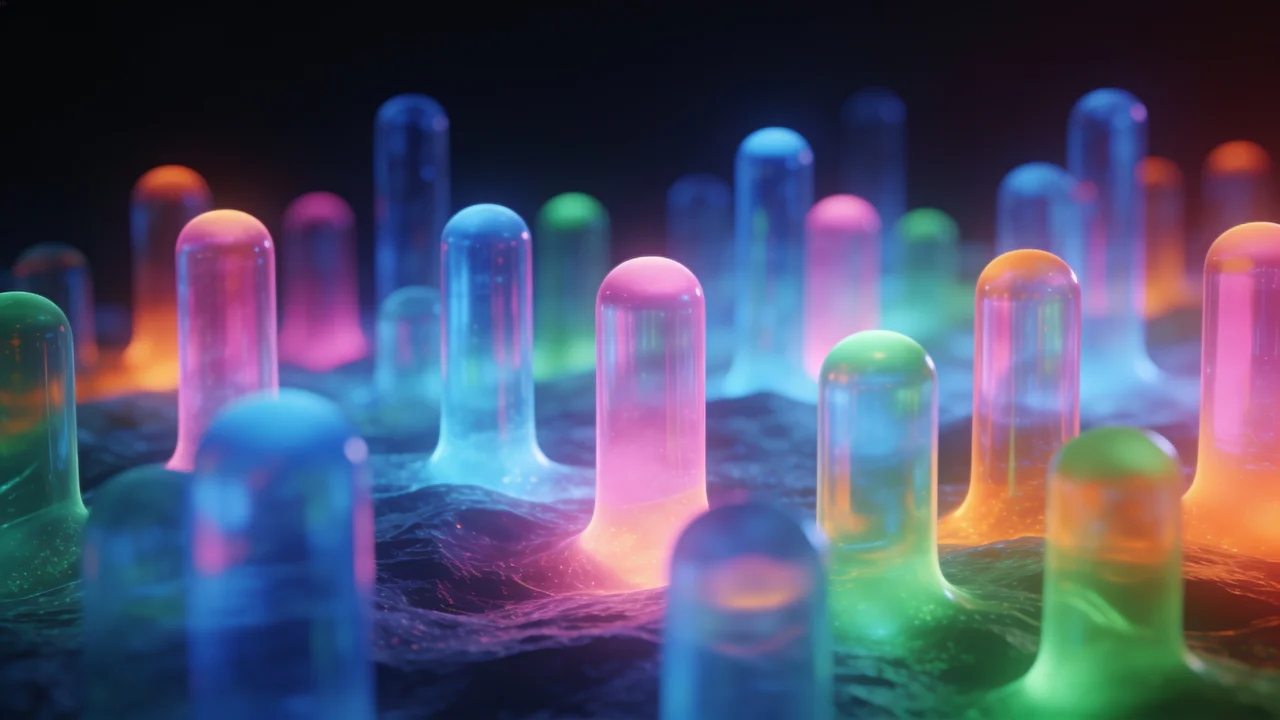 A collection of glowing, translucent pillars in vibrant neon colors like pink, blue, green, and orange rise from a dark, textured surface, creating an abstract and futuristic atmosphere. The illumination and color gradients give the scene a dynamic and ethereal mood.
