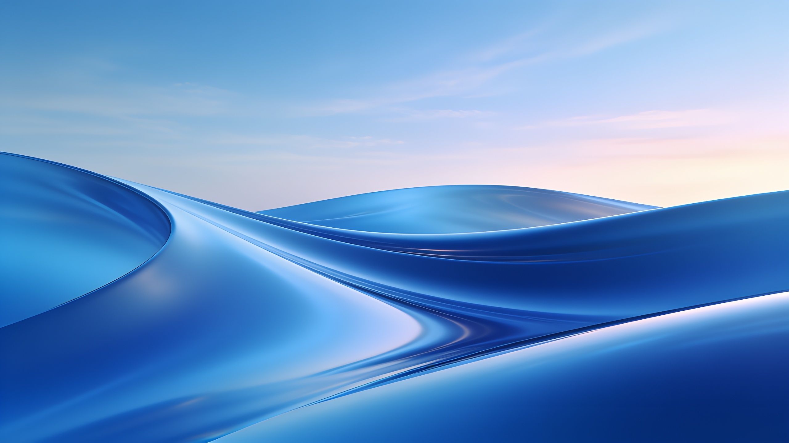 A tranquil scene featuring smooth, glossy blue waves gently undulating under a soft, pastel sky, creating a calm and serene atmosphere.