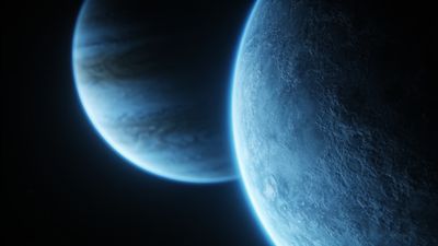 A serene image of two large, blue planets illuminated by a soft glow, floating in the vastness of deep space, creating a mystical and tranquil atmosphere.