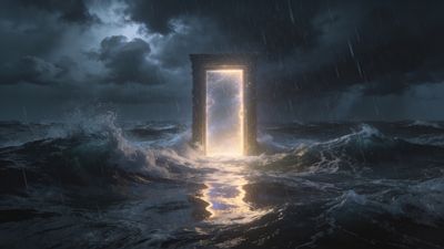 A glowing portal stands amidst tumultuous, dark ocean waves under a stormy sky, casting an ethereal light that contrasts with the surrounding tempestuous scene, creating a mood of mystery and wonder.