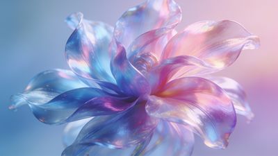 A delicate, iridescent flower with swirling petals in pastel hues of pink, blue, and purple is set against a soft, dreamy background, creating an ethereal and calming mood.