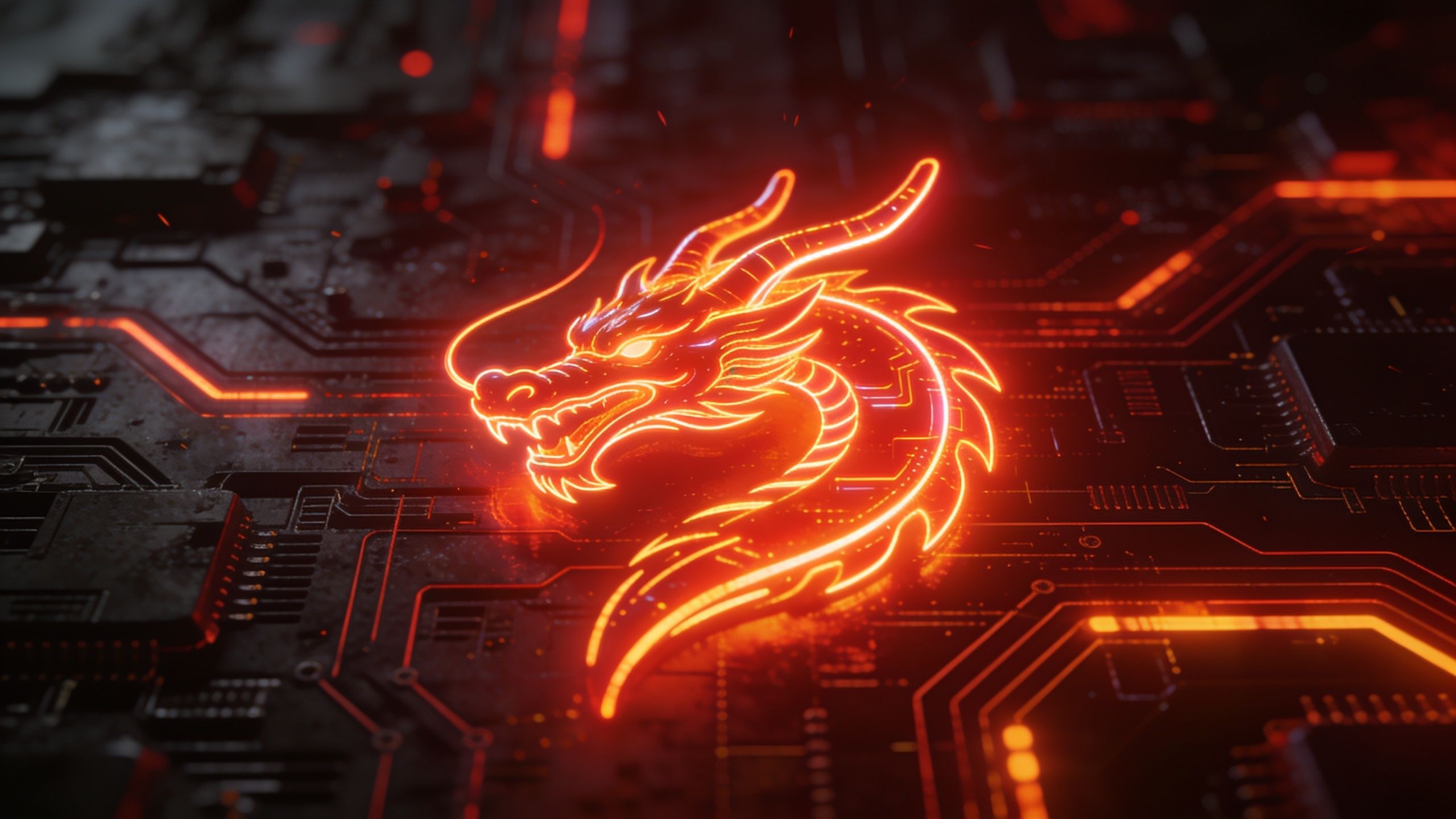 A glowing, neon-orange dragon is intricately designed on a dark, futuristic circuit board, creating a dynamic and high-tech atmosphere.