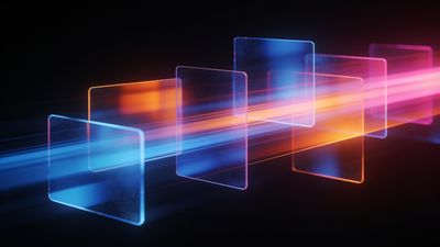 Vibrant neon light trails in shades of blue, orange, and pink streak dynamically across a dark background, creating a sense of motion and energy. Transparent rectangular panels intersect the trails, adding depth and a futuristic mood to the scene.