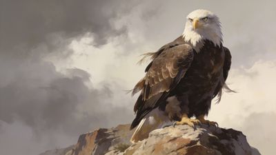 A majestic eagle with piercing eyes stands proudly on a rocky cliff, set against a dramatic sky filled with swirling clouds, evoking a sense of power and freedom.