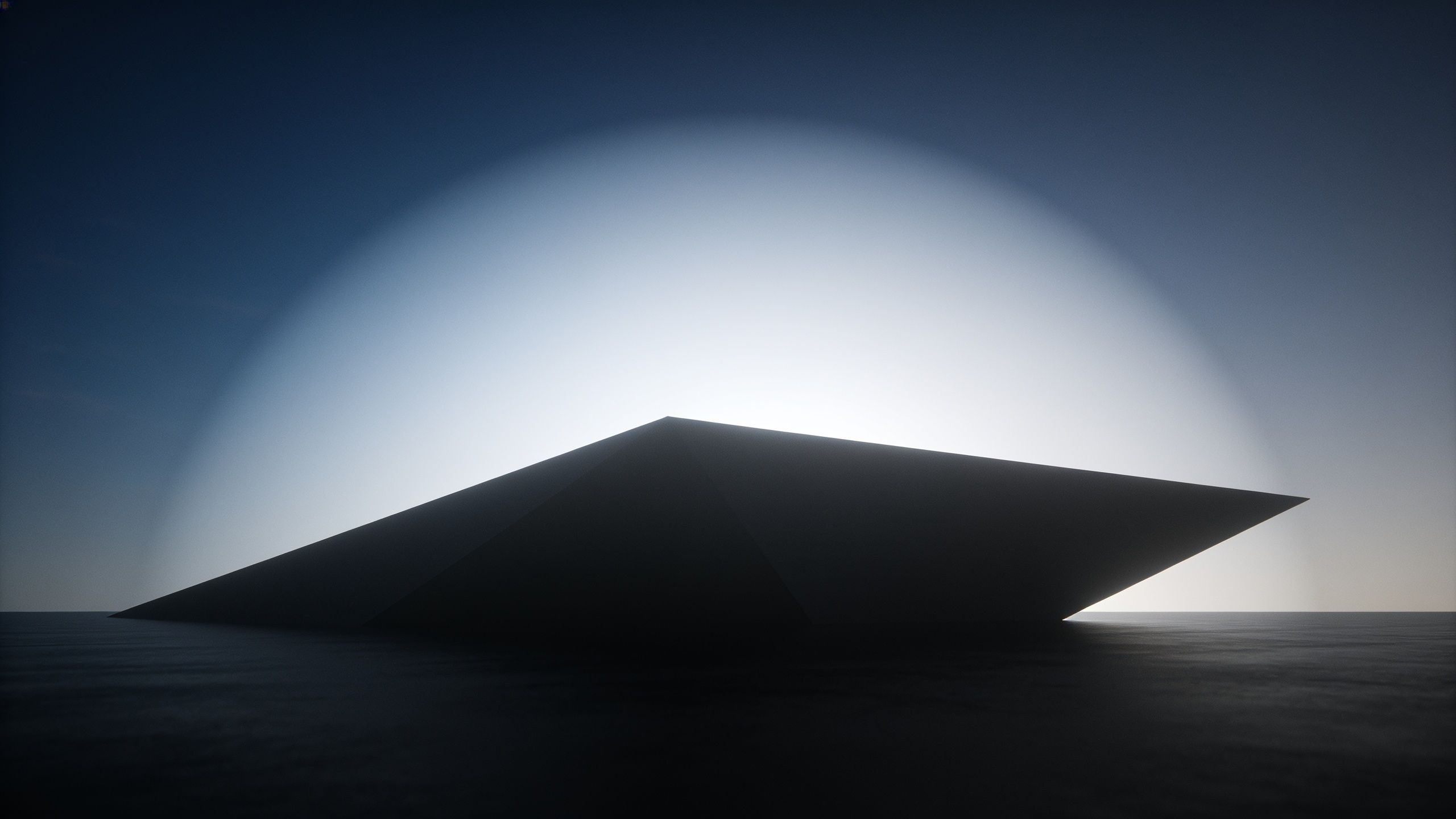 A large, dark pyramid emerges from a calm, reflective water surface under a gradient sky transitioning from deep blue to pale dawn light, creating a serene and mystical atmosphere.