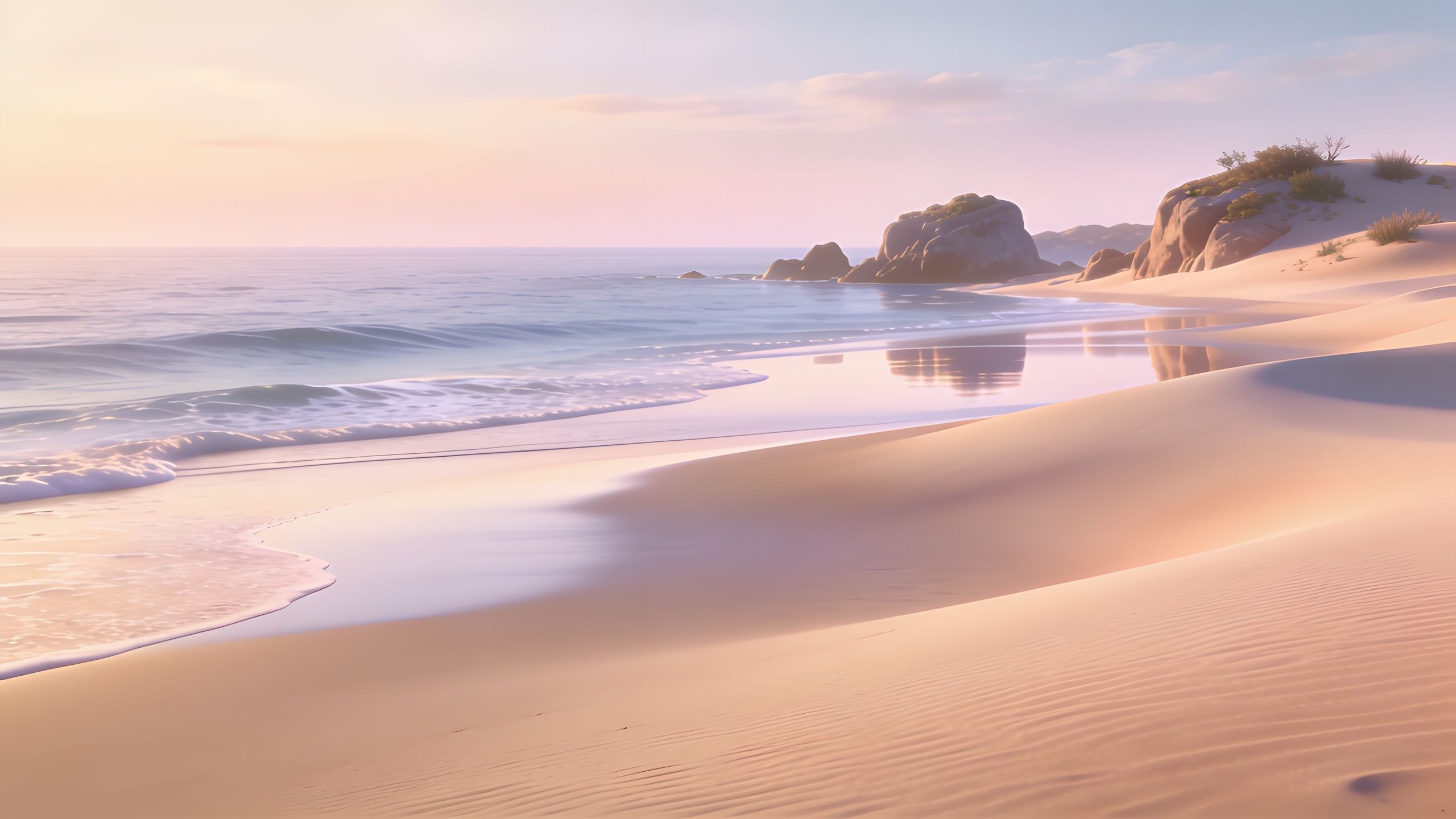 A tranquil sunset casts soft pink and orange hues over a sandy beach, with gentle waves lapping at the shore and rocky outcrops in the distance, creating a peaceful and calming atmosphere.