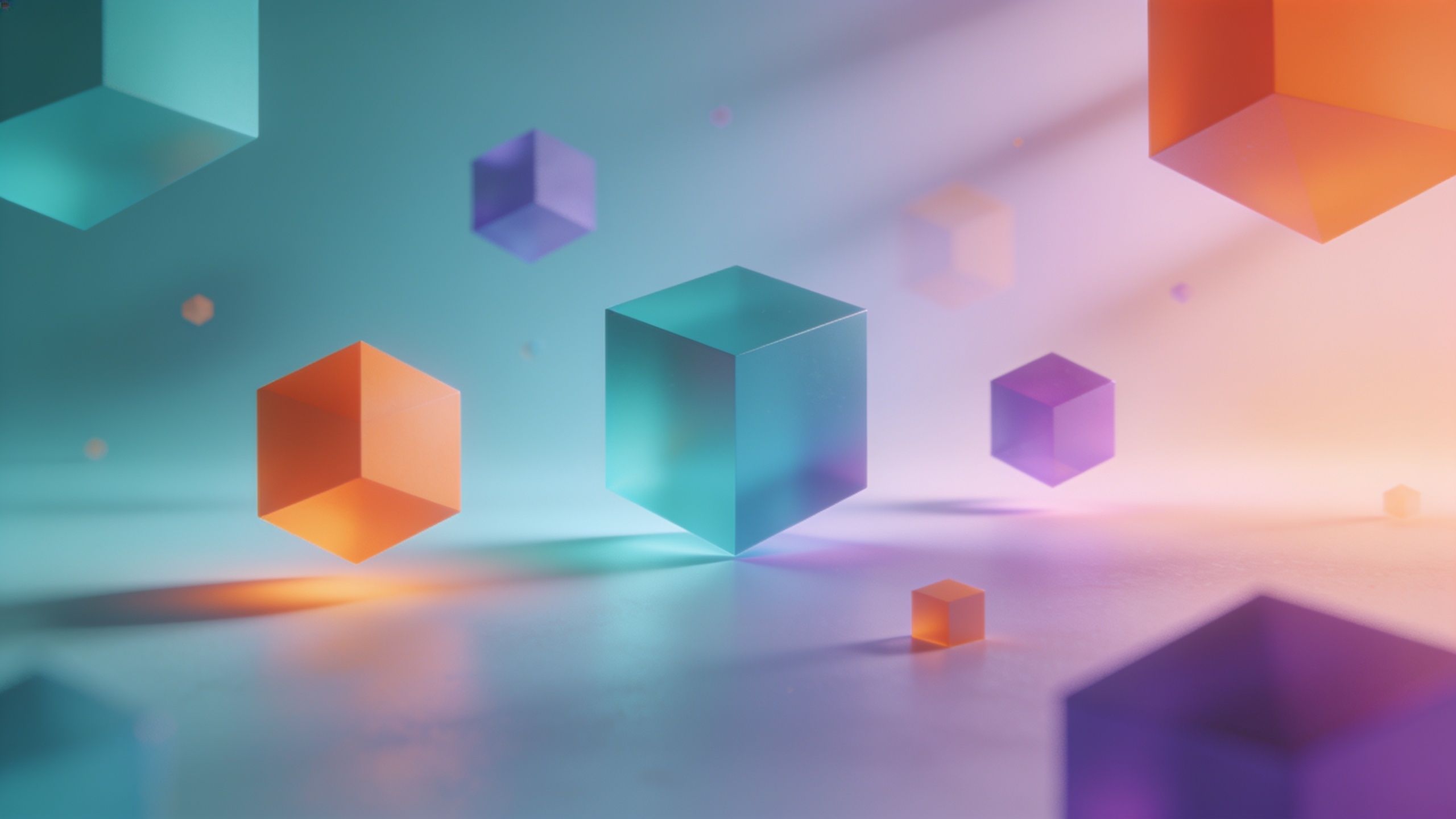 Floating geometric shapes in soft pastel colors, including cubes and hexagons, hover against a serene gradient background of blues, purples, and oranges, creating a calming and ethereal atmosphere.