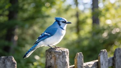 A vibrant blue jay is perched on a weathered wooden post, bathed in warm sunlight, set against a softly blurred, lush green forest background, creating a serene and peaceful mood.