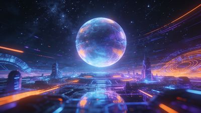 A futuristic cityscape bathed in neon lights features a large, glowing sphere hovering above a sleek, illuminated platform, with skyscrapers and swirling light trails creating a vibrant, otherworldly atmosphere.
