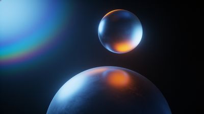 A digital wallpaper featuring two ethereal spheres with radiant glows, one floating above the other, set against a dark background with a spectrum of blue and orange hues creating a serene and otherworldly mood.