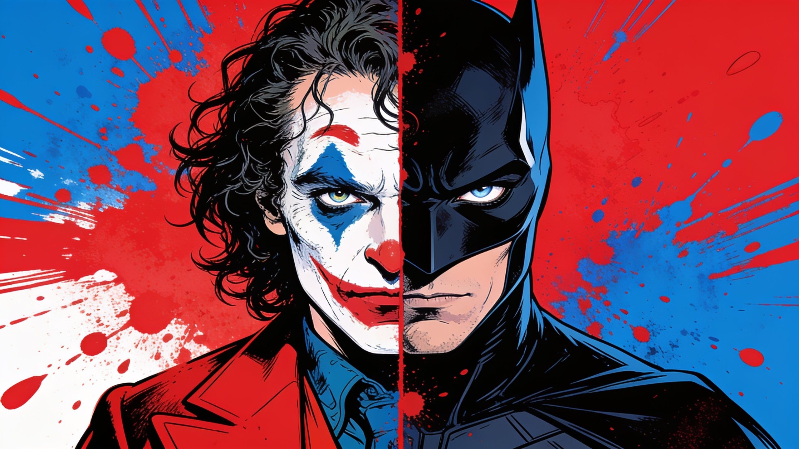 A dramatic split image features a hero on one side and a villain on the other, with contrasting colors of red and blue splattered in the background, creating a tense and dynamic mood.