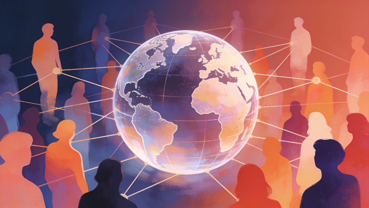 A glowing globe is surrounded by silhouettes of people interconnected by lines, set against a gradient background of deep blues and warm oranges, symbolizing global unity and community.