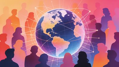 A vibrant illustration of a globe surrounded by diverse silhouettes, interconnected by glowing lines, symbolizes global unity and community. The warm gradient of pinks and oranges evokes a sense of hope and togetherness, reflecting the spirit of World Population Day.