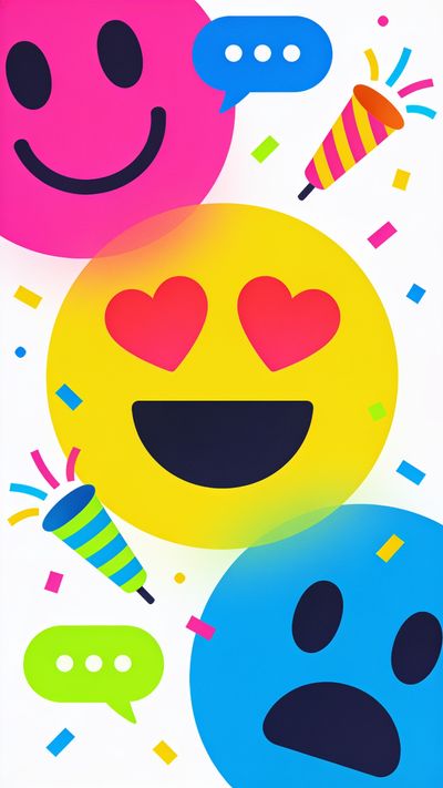 Bright and playful emojis, including a pink smiling face, a yellow face with heart eyes, and a surprised blue face, are surrounded by colorful confetti, chat bubbles, and party poppers on a white background, capturing the festive spirit of World Emoji Day.