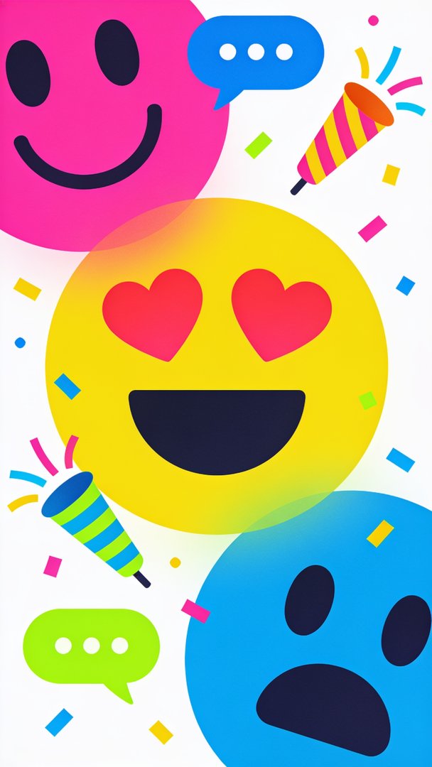 Bright and playful emojis, including a pink smiling face, a yellow face with heart eyes, and a surprised blue face, are surrounded by colorful confetti, chat bubbles, and party poppers on a white background, capturing the festive spirit of World Emoji Day.