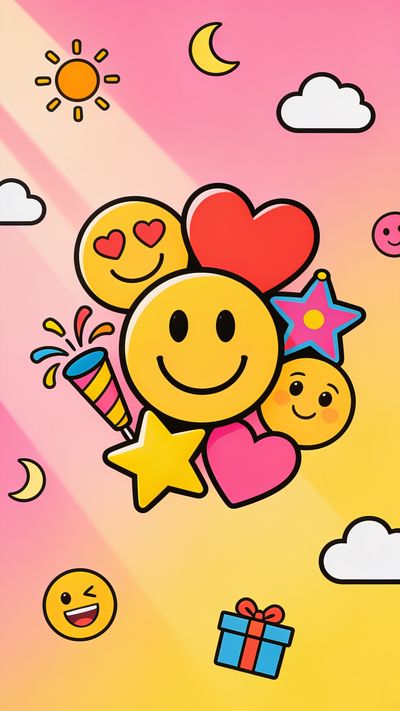 A vibrant and playful composition features a cluster of cheerful emojis, including smiling faces, hearts, and stars, set against a warm gradient background of pink and yellow. Scattered around are additional whimsical elements like a sun, moon, clouds, and a gift, evoking a joyful celebration.