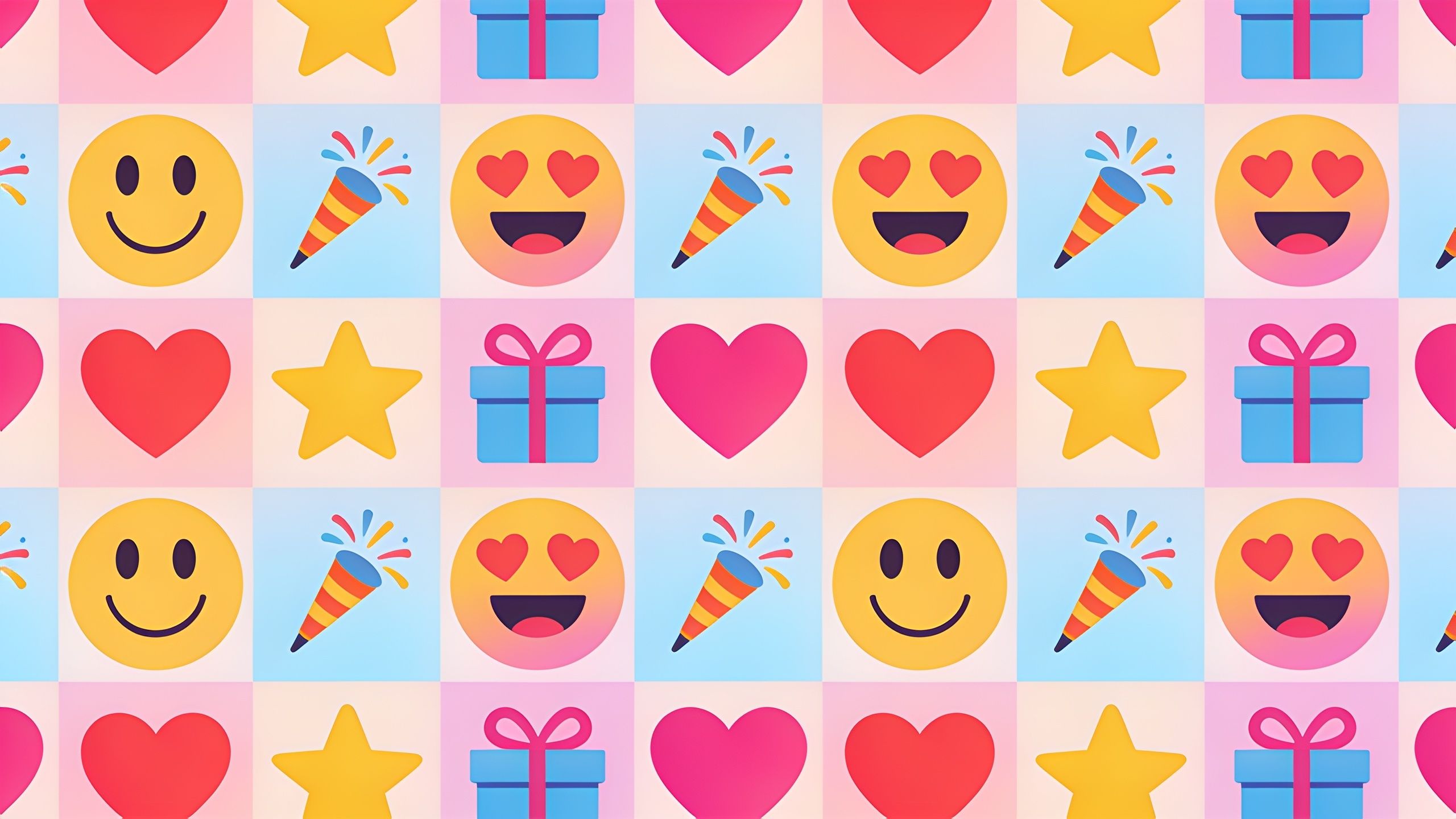 A playful grid of colorful emojis, including smiling faces, hearts, stars, and gift boxes, set against a pastel background, captures the joyful spirit of World Emoji Day. The vibrant design exudes a sense of celebration and fun.