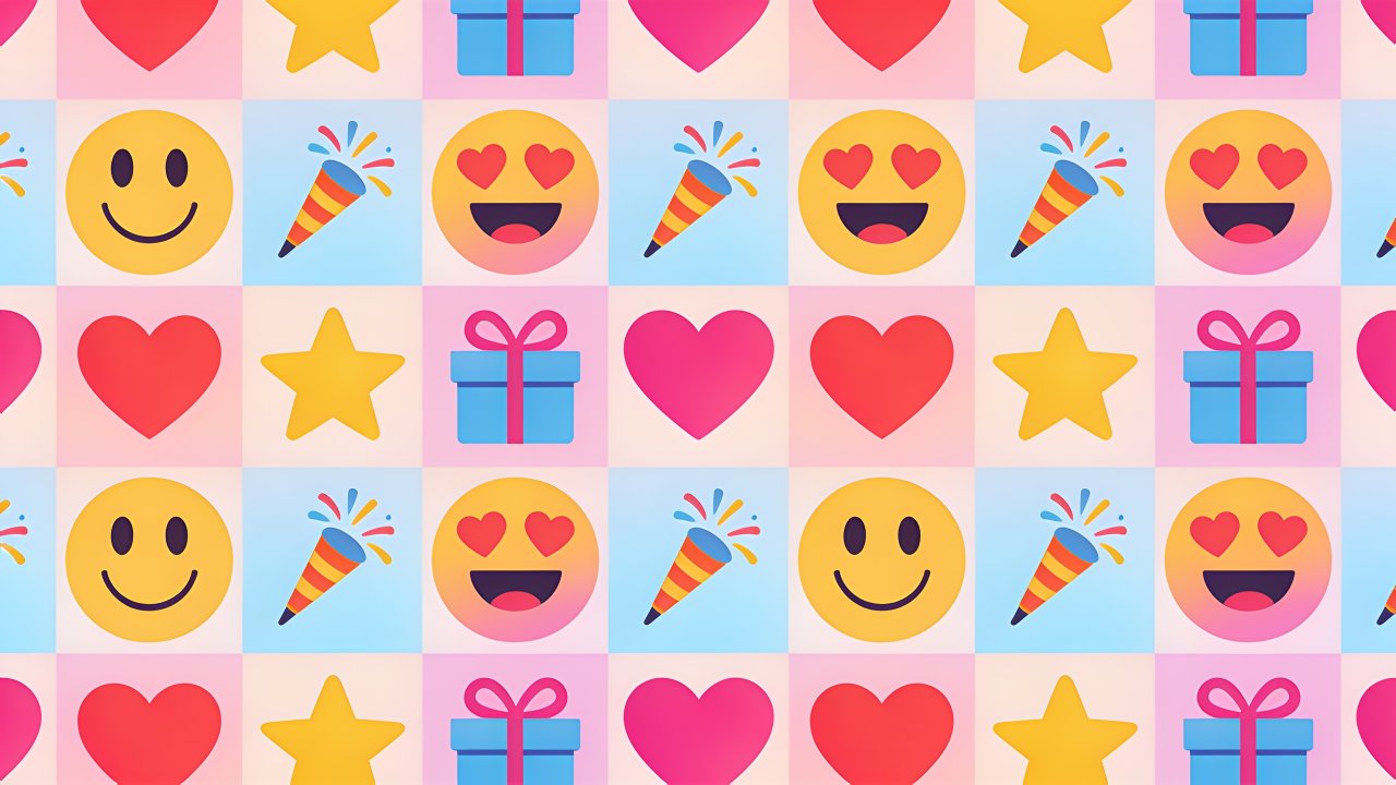 A playful grid of colorful emojis, including smiling faces, hearts, stars, and gift boxes, set against a pastel background, captures the joyful spirit of World Emoji Day. The vibrant design exudes a sense of celebration and fun.