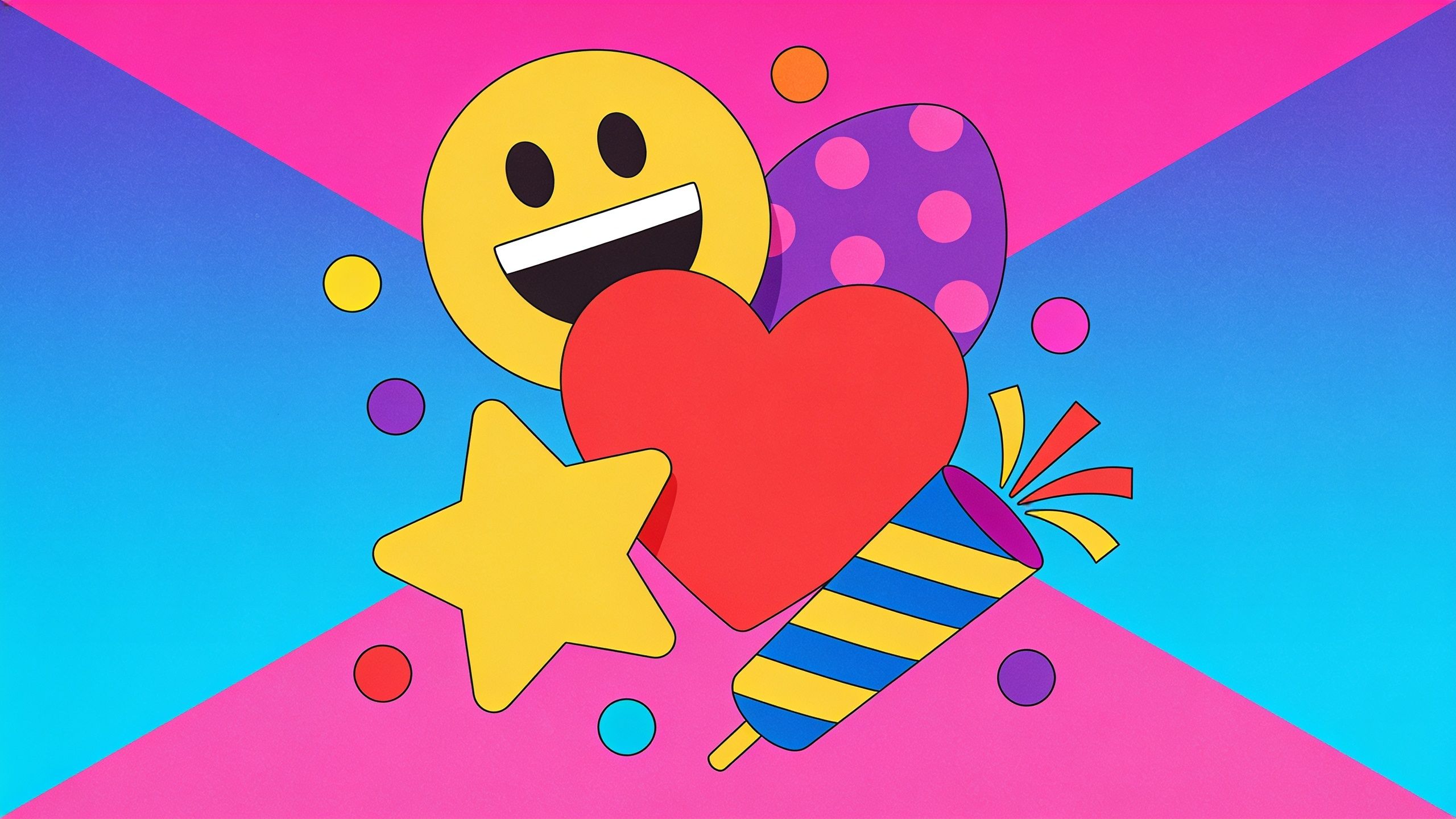 A vibrant and playful composition features a smiling emoji, a red heart, a yellow star, and a party popper against a dynamic pink and blue gradient background. The cheerful arrangement of colorful shapes and symbols evokes the joyful spirit of World Emoji Day.