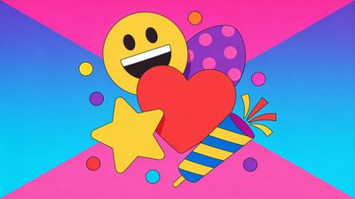 A vibrant and playful composition features a smiling emoji, a red heart, a yellow star, and a party popper against a dynamic pink and blue gradient background. The cheerful arrangement of colorful shapes and symbols evokes the joyful spirit of World Emoji Day.