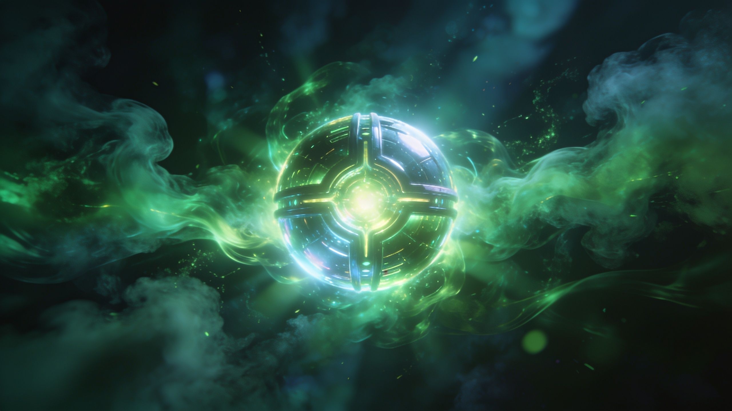 A luminous orb emits a bright green glow, surrounded by swirling, ethereal mist in a dark, mystical setting, creating an otherworldly and enchanting atmosphere.