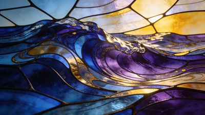 A vibrant stained glass depiction of ocean waves in shades of blue and purple, illuminated by a golden sunset, creating a serene and artistic atmosphere.