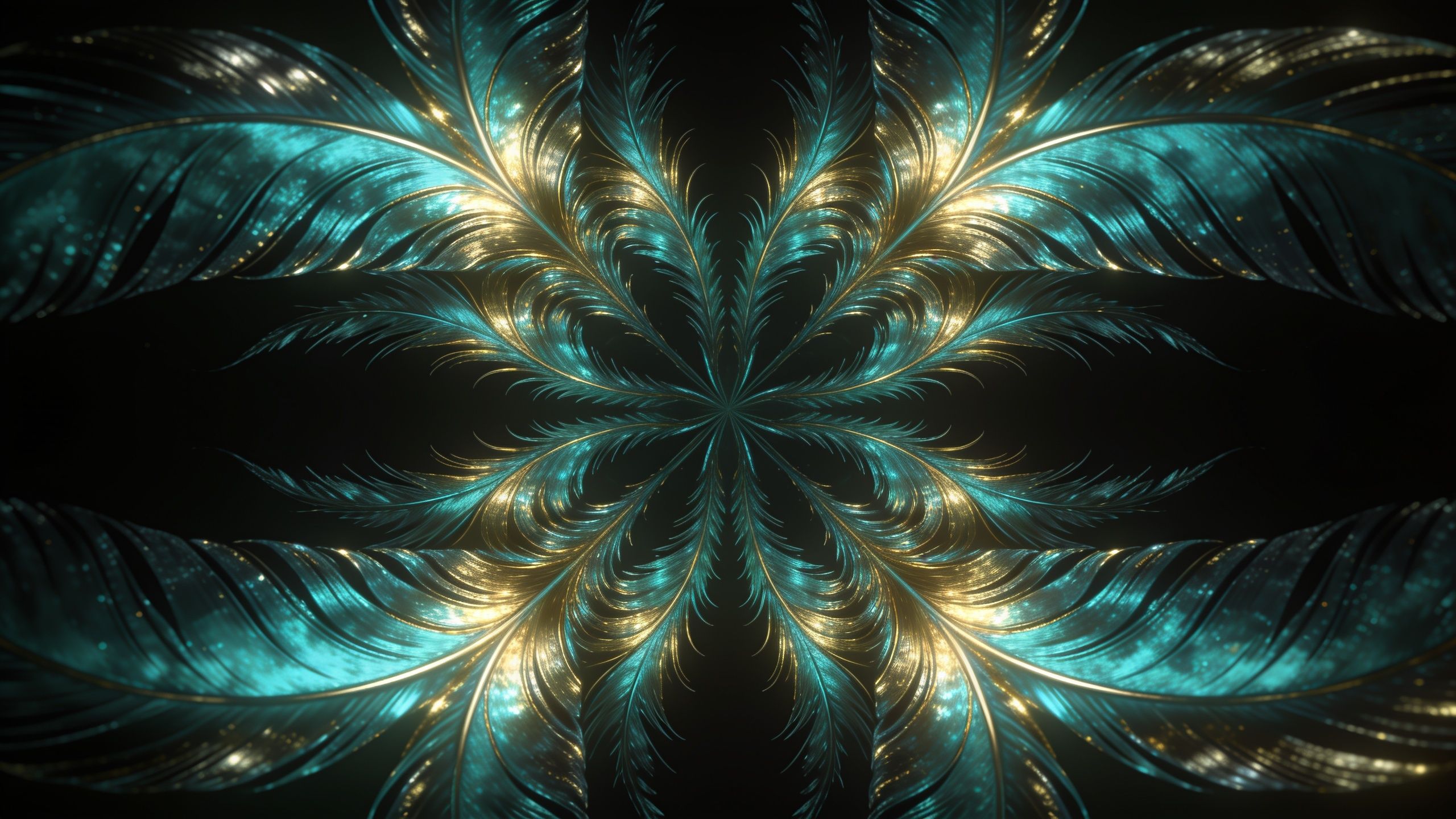 A symmetrical pattern of teal and gold feathers radiates from the center, creating an elegant and harmonious design against a dark background, evoking a sense of luxury and tranquility.