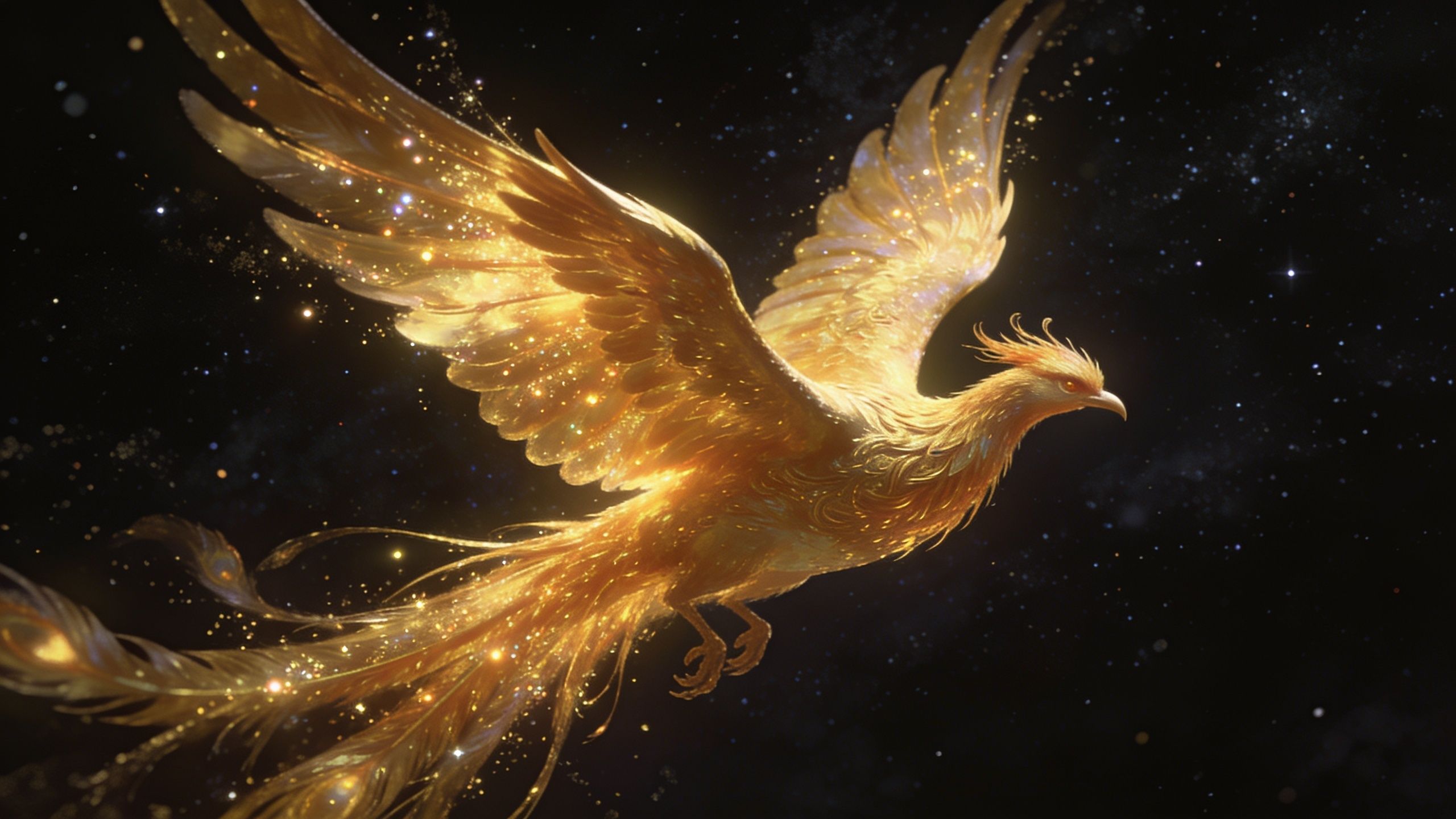 A radiant golden phoenix soars gracefully through a starry night sky, its feathers shimmering with ethereal light, creating a magical and majestic atmosphere.