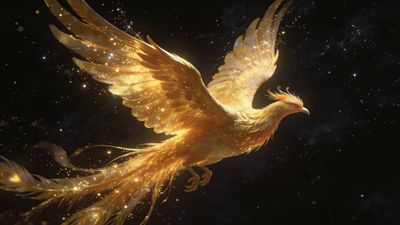 A radiant golden phoenix soars gracefully through a starry night sky, its feathers shimmering with ethereal light, creating a magical and majestic atmosphere.