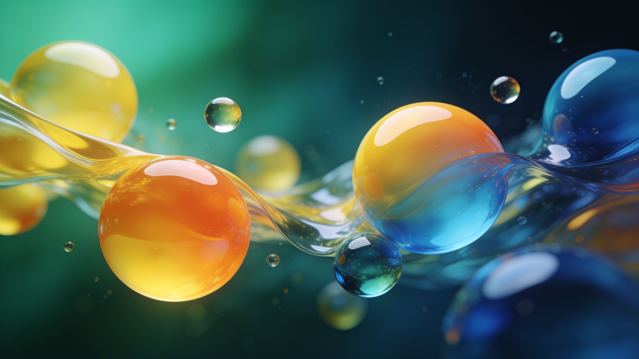 Vibrant liquid spheres in shades of orange, yellow, and blue float and intertwine against a blurred green and teal background, creating a dynamic and lively atmosphere. The spheres appear glossy and translucent, adding a sense of fluid motion and energy.