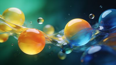 Vibrant liquid spheres in shades of orange, yellow, and blue float and intertwine against a blurred green and teal background, creating a dynamic and lively atmosphere. The spheres appear glossy and translucent, adding a sense of fluid motion and energy.