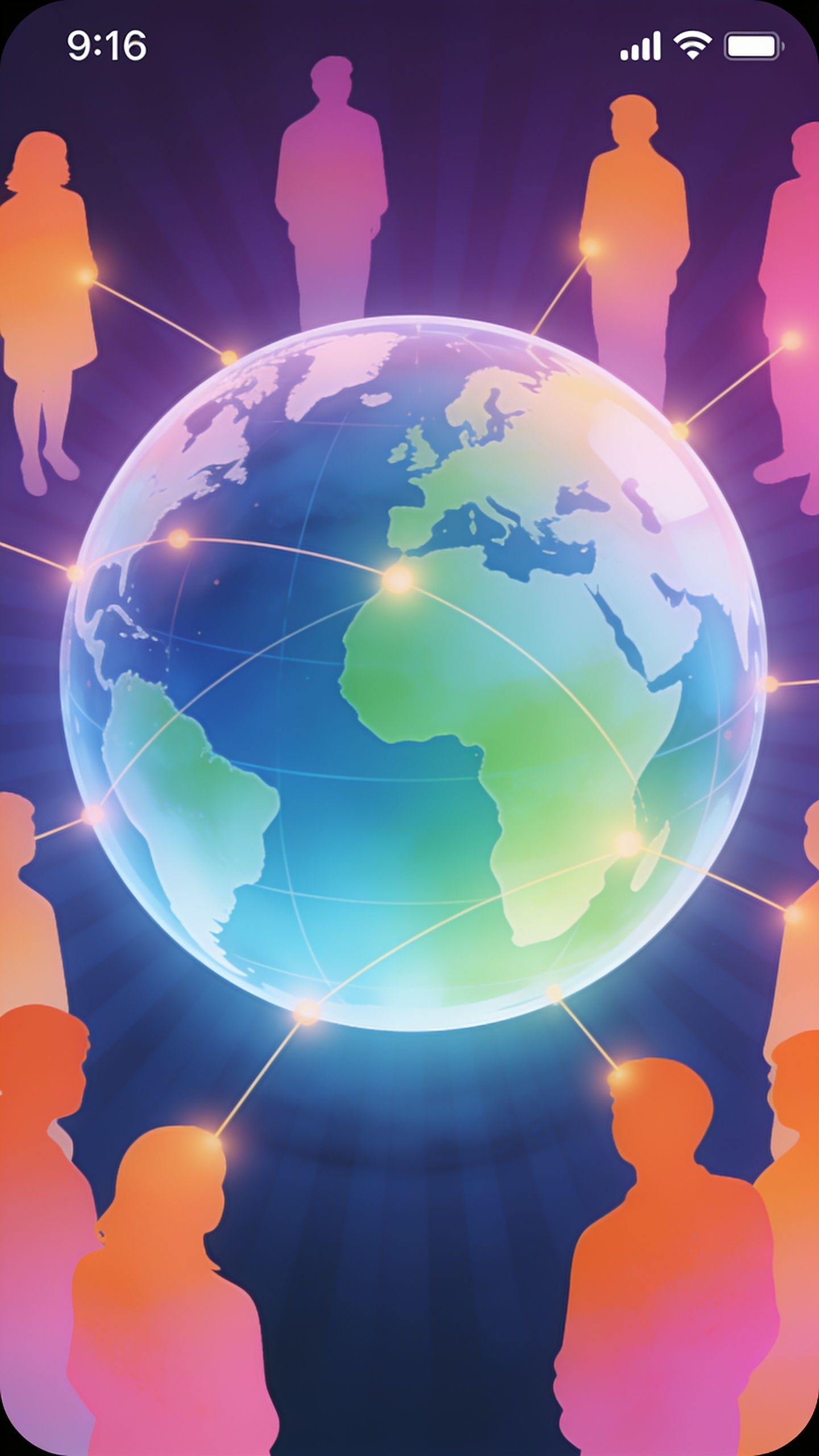 A vibrant globe is surrounded by silhouettes of people connected by glowing lines, symbolizing global unity and community. The colorful palette and radiant lighting evoke a sense of thoughtful interconnectedness, reflecting the spirit of World Population Day.