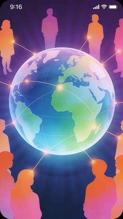 A vibrant globe is surrounded by silhouettes of people connected by glowing lines, symbolizing global unity and community. The colorful palette and radiant lighting evoke a sense of thoughtful interconnectedness, reflecting the spirit of World Population Day.