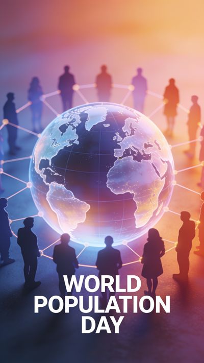 A vibrant globe is encircled by silhouettes of people connected by glowing lines, symbolizing global unity and community. The warm, ethereal lighting creates a thoughtful and hopeful atmosphere, reflecting the essence of World Population Day.