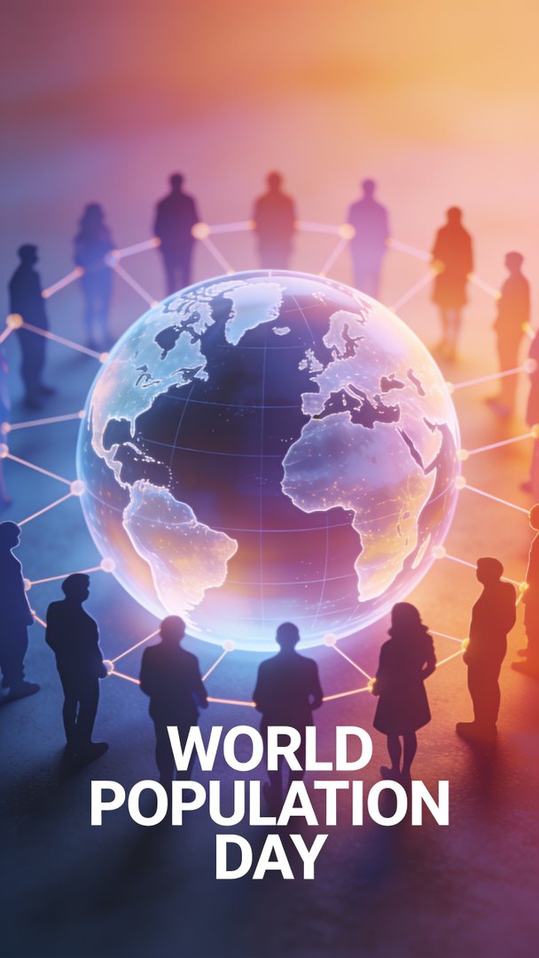 A vibrant globe is encircled by silhouettes of people connected by glowing lines, symbolizing global unity and community. The warm, ethereal lighting creates a thoughtful and hopeful atmosphere, reflecting the essence of World Population Day.