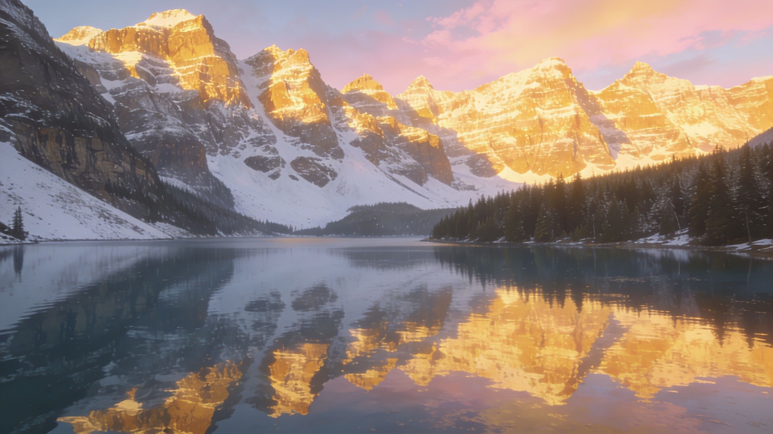A golden sunrise casts a warm glow over snow-covered mountain peaks, reflecting in a tranquil lake below, creating a serene and majestic atmosphere.