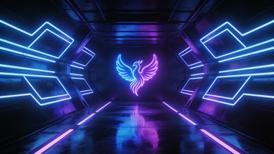 A neon phoenix glows vibrantly in a futuristic corridor, with blue and purple lights reflecting off sleek metallic surfaces, creating a dynamic and electrifying atmosphere.