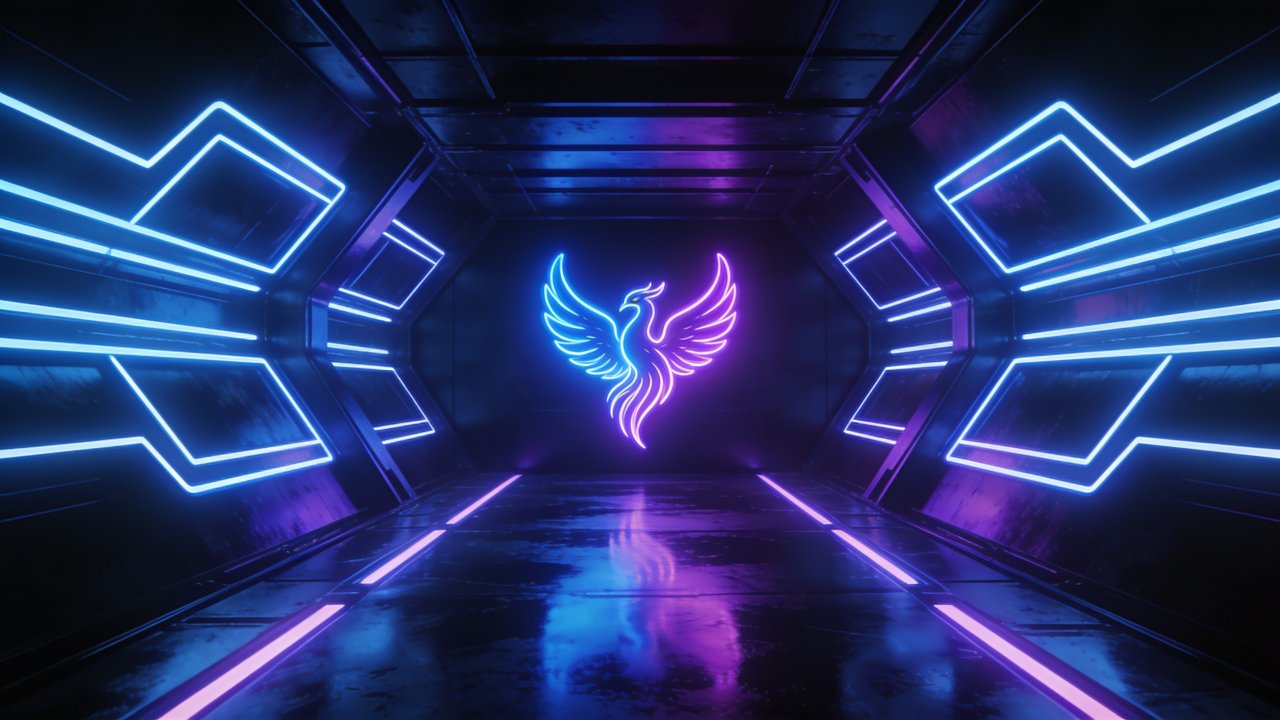 A neon phoenix glows vibrantly in a futuristic corridor, with blue and purple lights reflecting off sleek metallic surfaces, creating a dynamic and electrifying atmosphere.