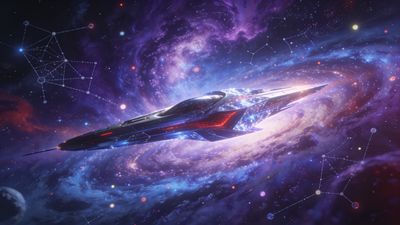 A sleek, futuristic spaceship glides through a vibrant cosmic nebula, surrounded by swirling galaxies and distant stars, creating a sense of wonder and exploration.