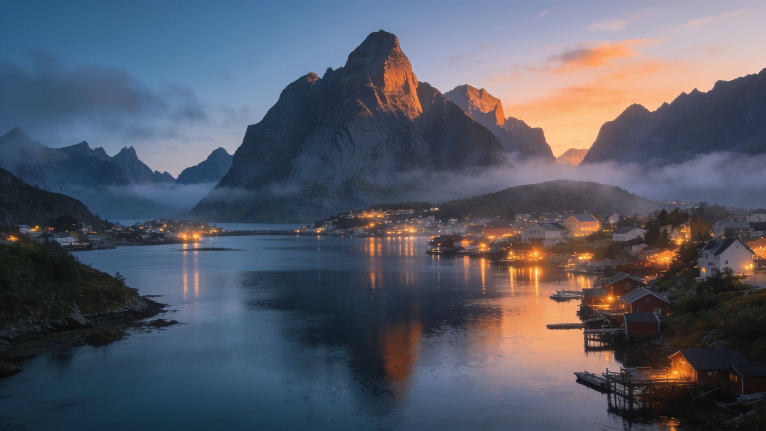 A tranquil fjord village is nestled at the base of towering mountains, with warm lights reflecting on the calm water at dusk, creating a serene and peaceful atmosphere. The sky is painted with soft hues of orange and blue as mist gently rolls over the landscape.